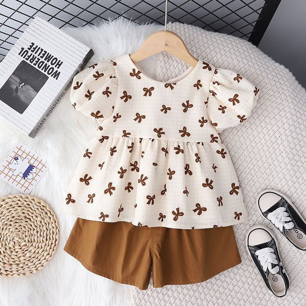 Girls Bow Print Puff Sleeves Top with Shorts Set