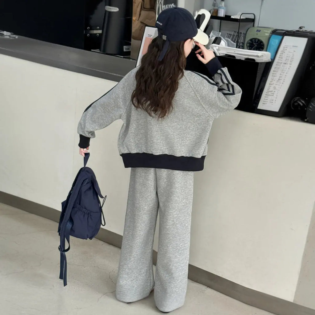 Girls Grey Zipper Jacket With Pant Sets Sets