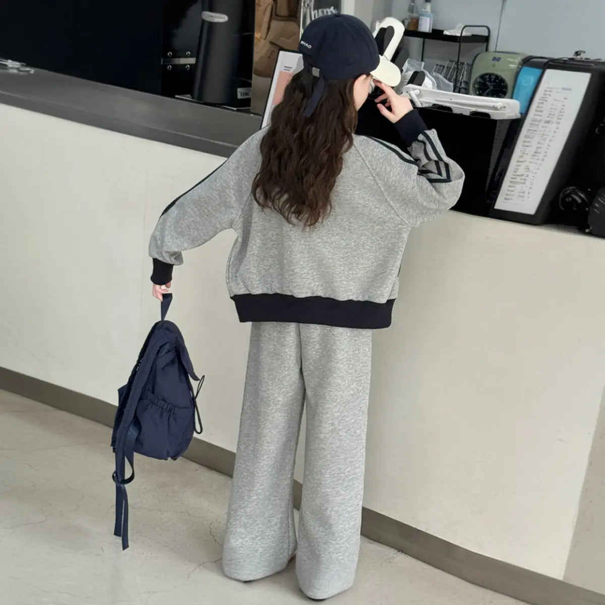 Girls Grey Zipper Jacket With Pant Sets Sets