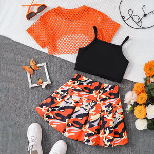 Girls Orange Crop Top With Camisole Top & Printed Skirt Sets 3 pc. Sets