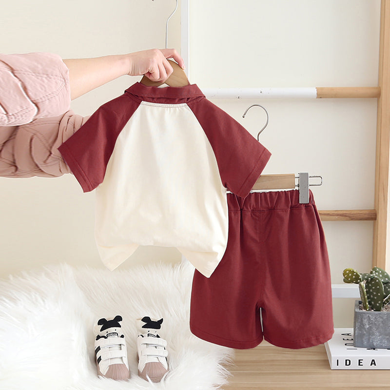Boys Maroon Raglan Sleeve Printed Polo T-shirt with Shorts Set 2 pc. Sets