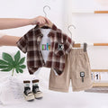 Boys Brown Checked Short Sleeve Shirt With Printed T-Shirt And Shorts Sets 3 pc. Sets Brown 1-2 Y