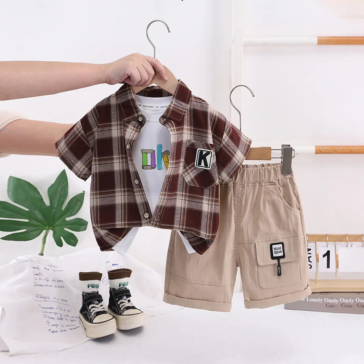 Boys Brown Checked Short Sleeve Shirt With Printed T-Shirt And Shorts Sets 3 pc. Sets Brown 1-2 Y