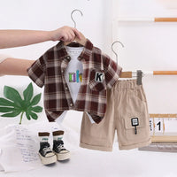 Boys Brown Checked Short Sleeve Shirt With Printed T-Shirt And Shorts Sets 3 pc. Sets Brown 1-2 Y