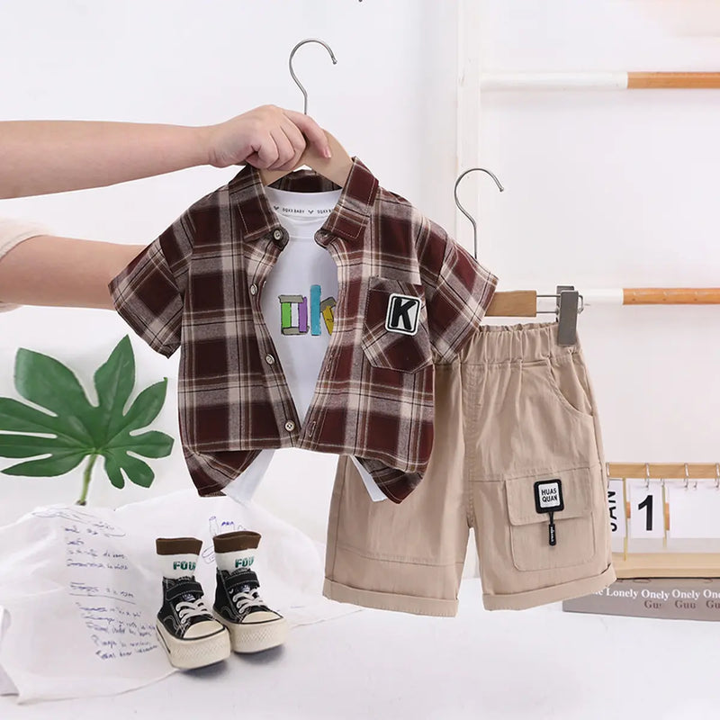 Boys Brown Checked Short Sleeve Shirt With Printed T-Shirt And Shorts Sets 3 pc. Sets Brown 1-2 Y