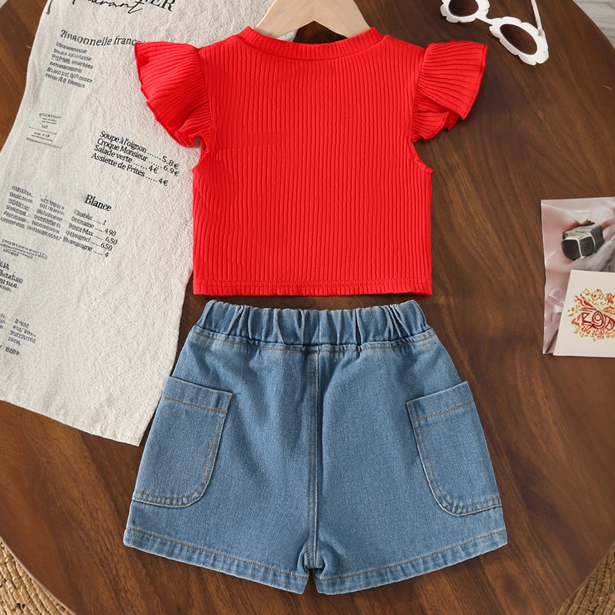 Girls Red Pearl Embellished Top With Denim Shorts Set Sets