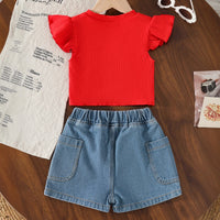Girls Red Pearl Embellished Top With Denim Shorts Set Sets