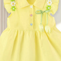 Girls Yellow Fit Flare Dress With Bow & Floral Lace Details Casual Dresses