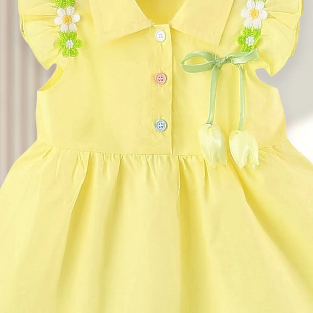 Girls Yellow Fit Flare Dress With Bow & Floral Lace Details Casual Dresses