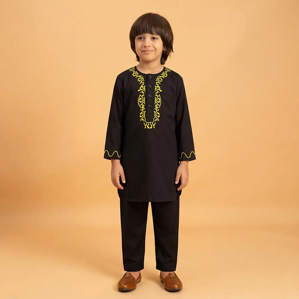 Boys Black Embroidered Kurta With Pajama Sets Ethnicwear Boys Black 2-3 Y