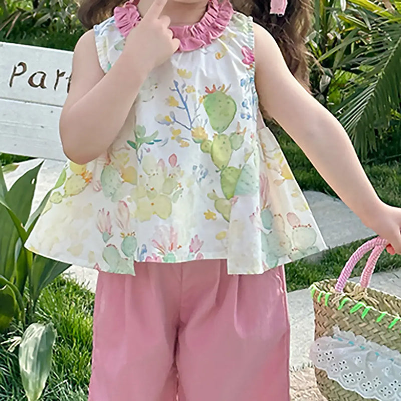 Girls Pink Cactus Print Ruffle Neck Top With Pants Sets Sets