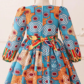 Girls Light Blue Floral Fit & Flare Dress With Long Sleeves Casual Dresses