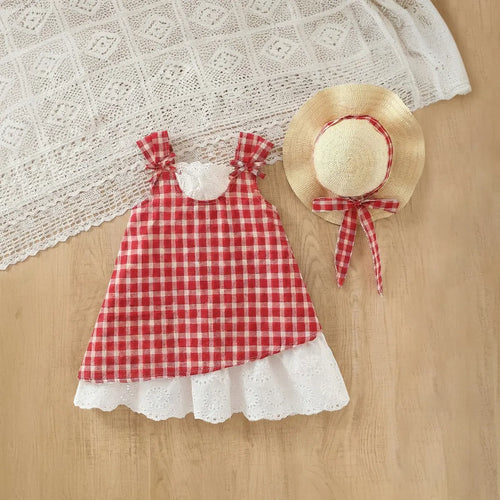 Girls Red Checked Sleeveless A-line Dress Casual Dresses Red 1-2 Y