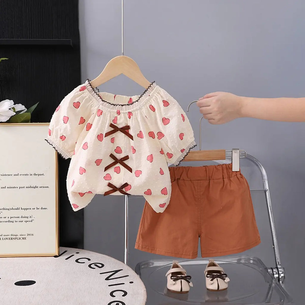 Girls Apricot Heart Print Puff Sleeve Top With Shorts Sets Sets Apricot 1-2 Y