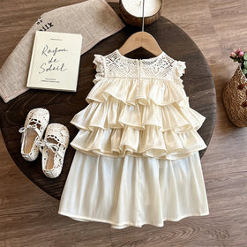 Girls Cream Sleeveless Layered Top With Elasticated Skirt Sets 2 pc. Sets
