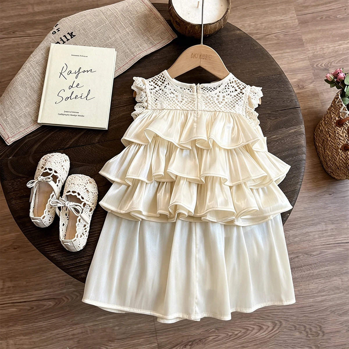 Girls Cream Sleeveless Layered Top With Elasticated Skirt Sets 2 pc. Sets