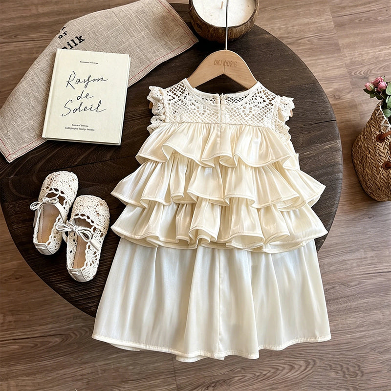 Girls Cream Sleeveless Layered Top With Elasticated Skirt Sets 2 pc. Sets