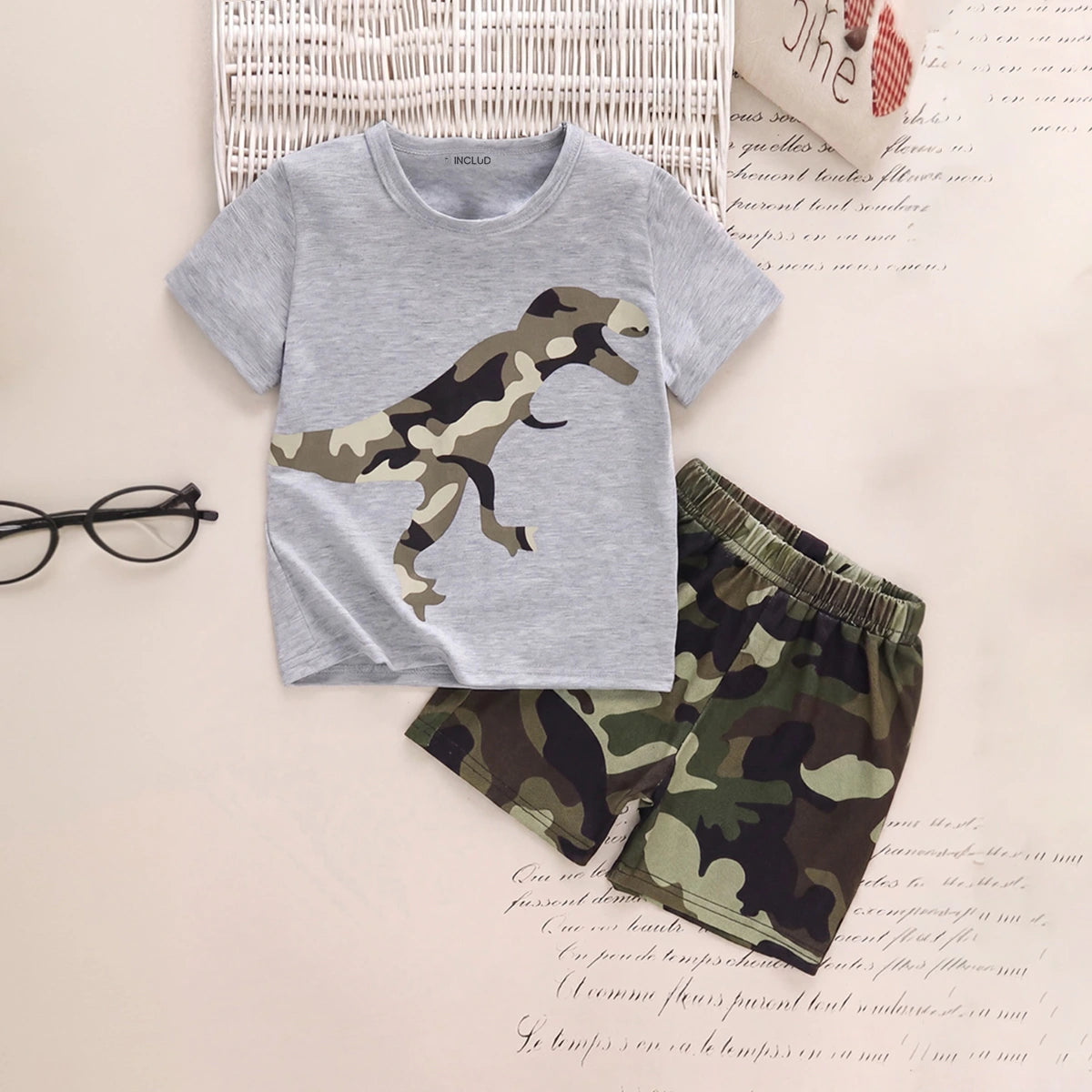 Boys Grey Short Sleeve T-Shirt With Camouflage Print Shorts Sets 2 pc. Sets Grey 3-4 Y