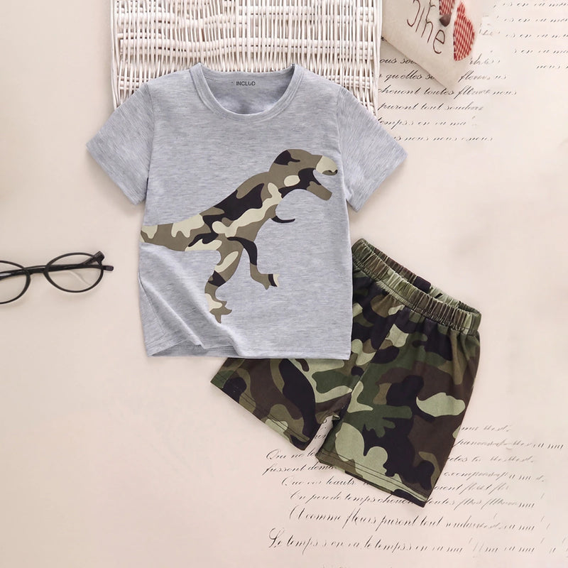 Boys Grey Short Sleeve T-Shirt With Camouflage Print Shorts Sets 2 pc. Sets Grey 3-4 Y