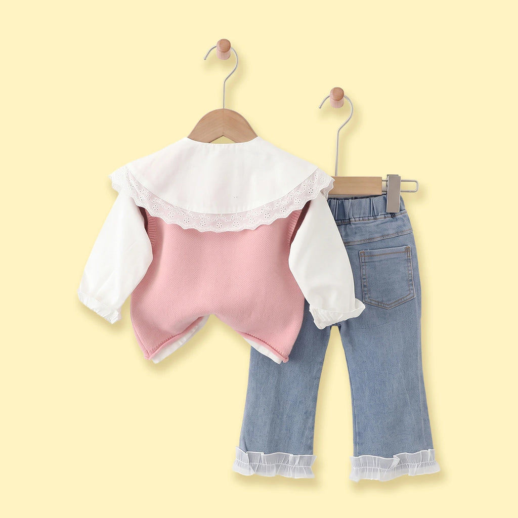 Girls Pink Jacquard Sweater vest With Top And Denim Pants Sets 3 pc. Sets