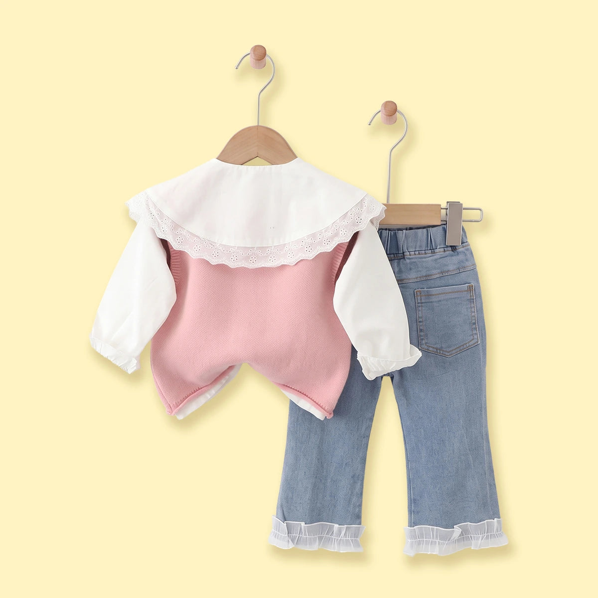 Girls Pink Jacquard Sweater vest With Top And Denim Pants Sets 3 pc. Sets