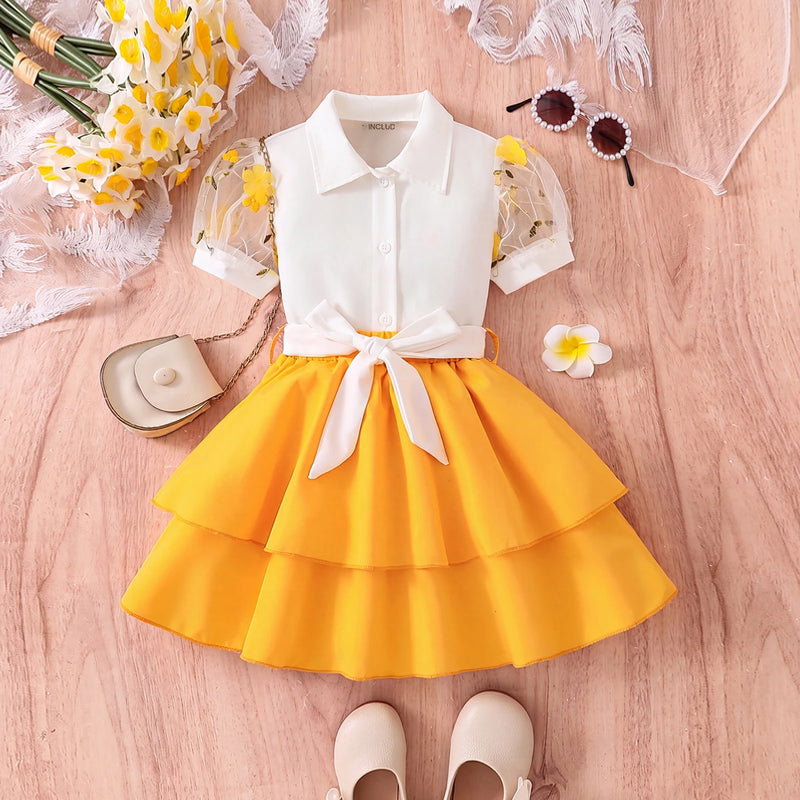 Girls White Puff Sleeve Top With Skirt Sets 2 pc. Sets White 3-4 Y