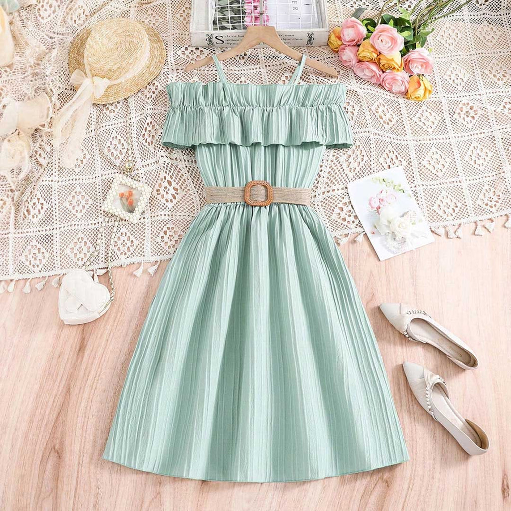 Girls Off Shoulder Fit & Flare Dress Casual Dresses Light Green 12-13 Y 