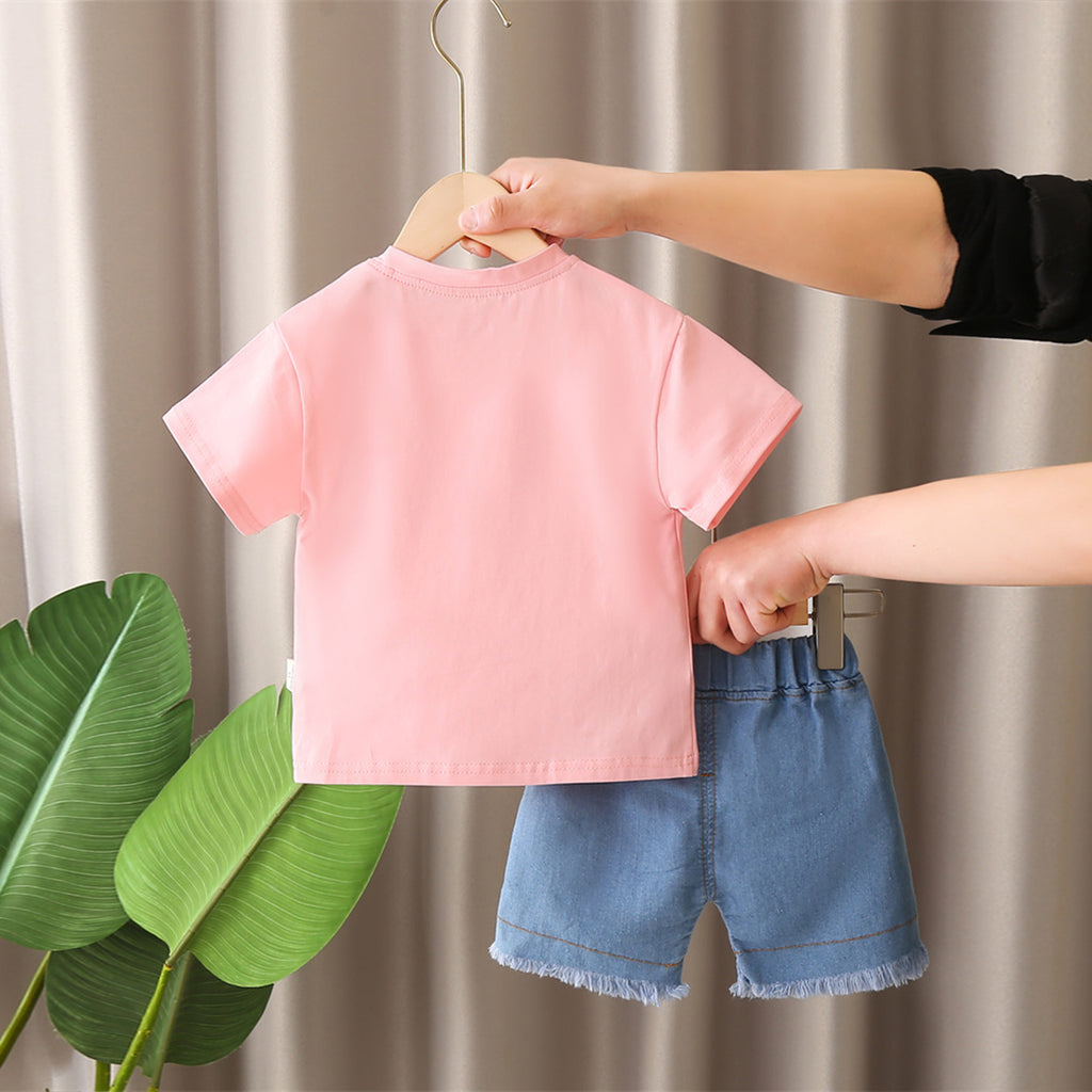 Boys Pink Cartoon Printed Short Sleeves T-Shirt With Denim Shorts Set 2 pc. Sets