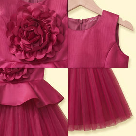 Girls dark pink sleeveless fit and flare party dress with floral applique