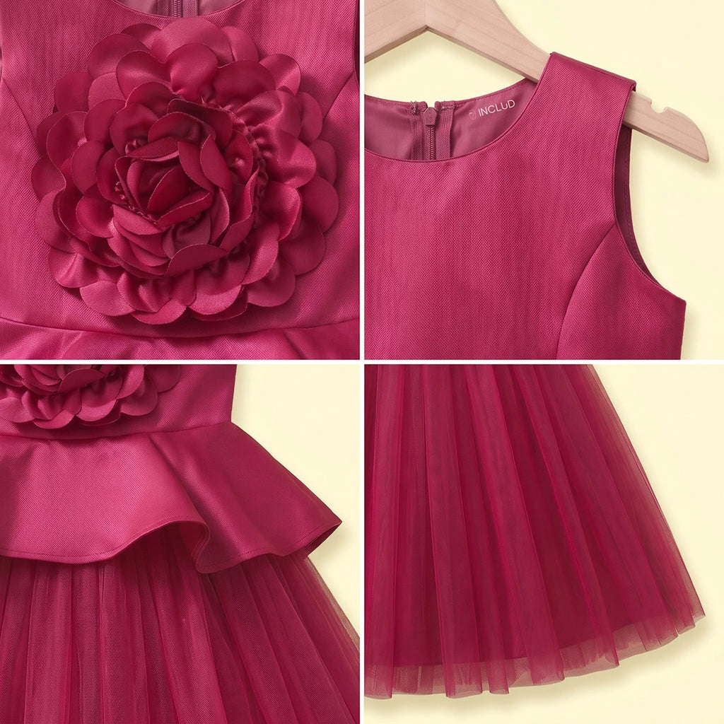 Girls dark pink sleeveless fit and flare party dress with floral applique