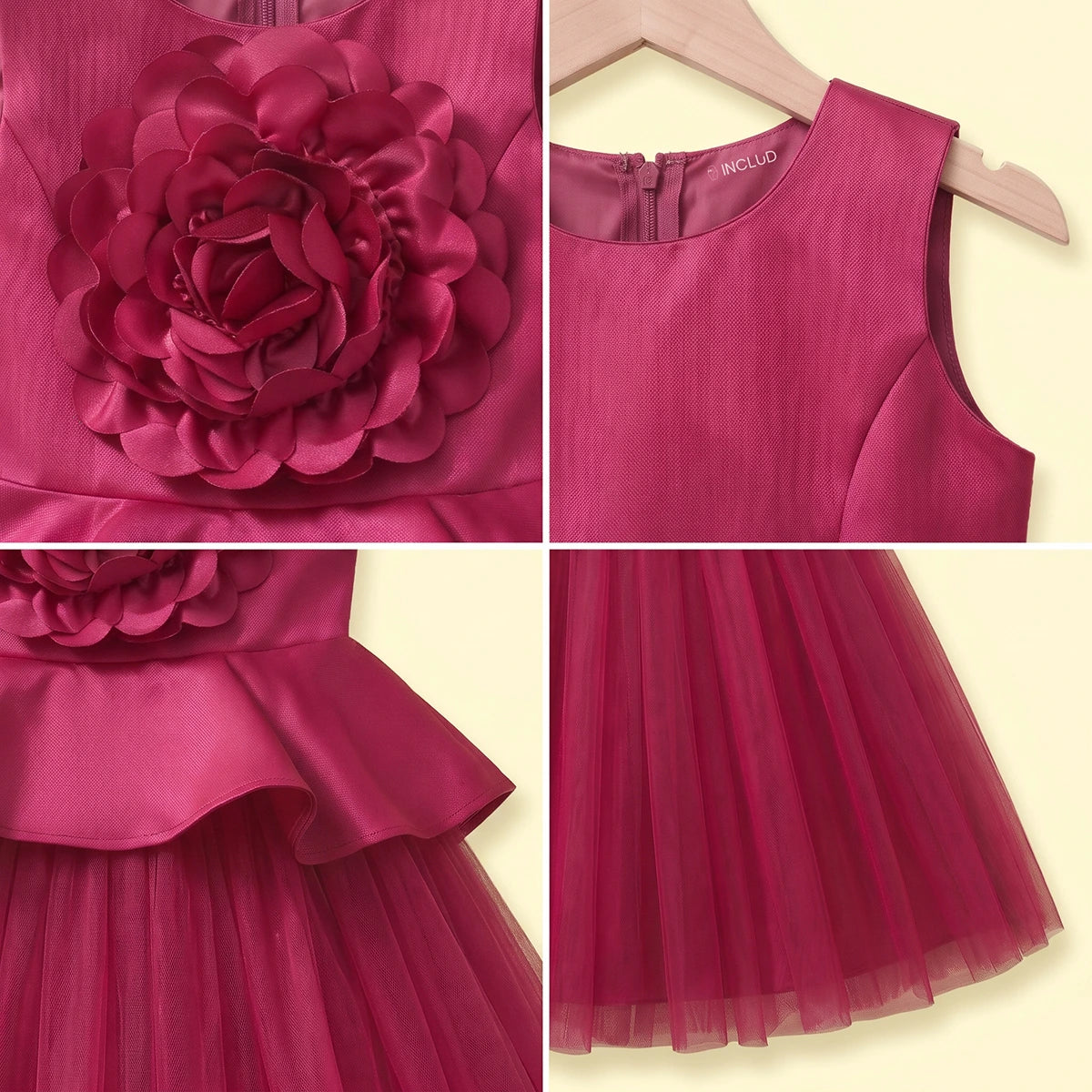 Girls dark pink sleeveless fit and flare party dress with floral applique