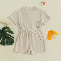Girls Beige Button Front Short Sleeve Romper With Bow Detail Playsuits