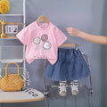Girls Pink Floral Embellished T-Shirt With Pleated Denim Shorts Set Sets Pink 1-2 Y