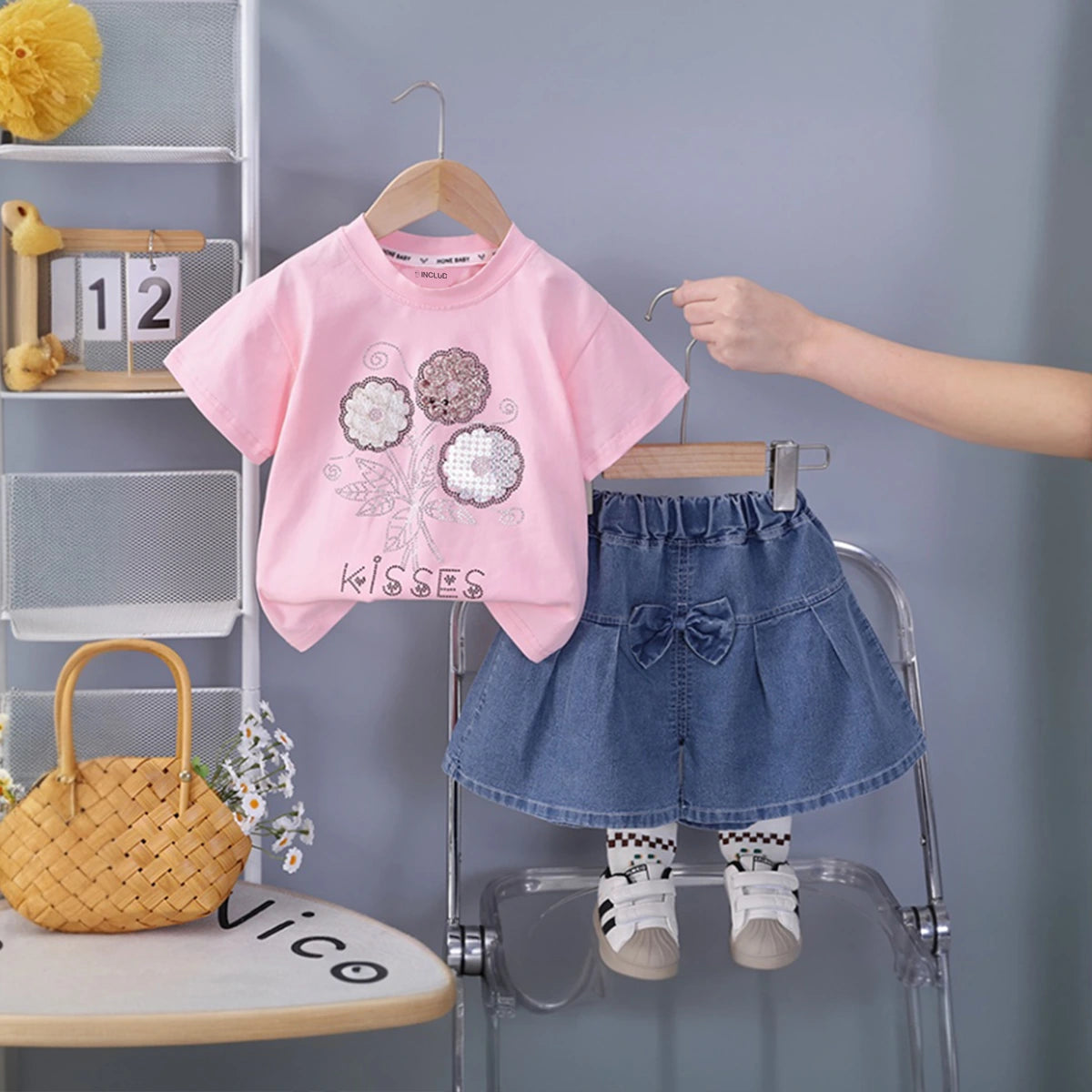 Girls Pink Floral Embellished T-Shirt With Pleated Denim Shorts Set Sets Pink 1-2 Y