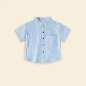 Boys Light Blue Solid Mandarin Collar Shirt With Stripes Patch Pocket Shirts