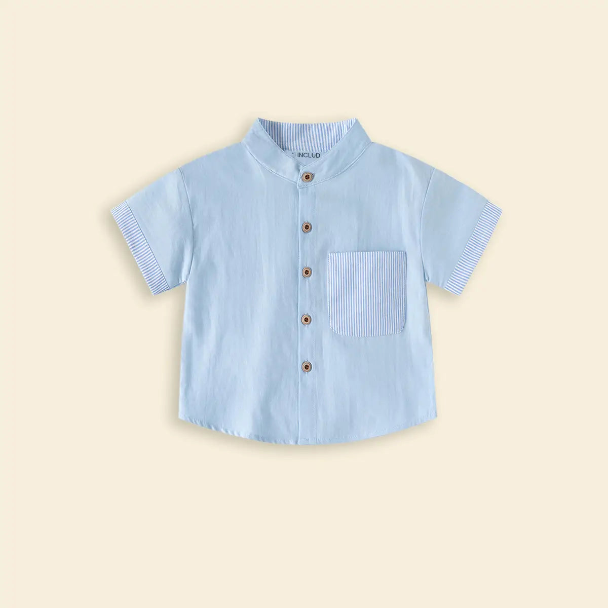 Boys Light Blue Solid Mandarin Collar Shirt With Stripes Patch Pocket Shirts