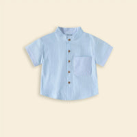 Boys Light Blue Solid Mandarin Collar Shirt With Stripes Patch Pocket Shirts