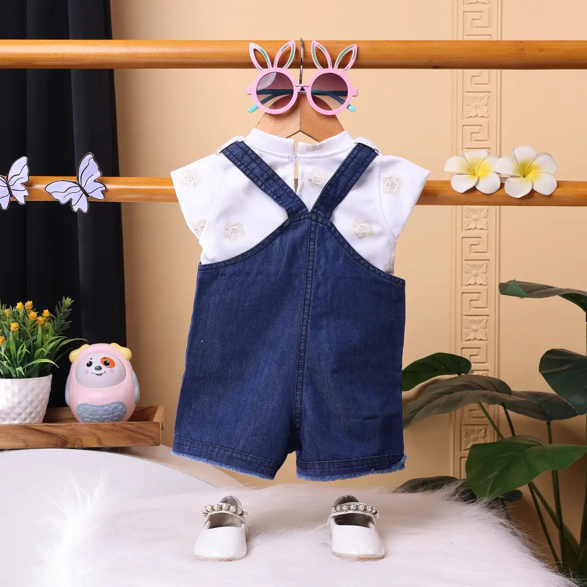 Girls Dark Blue Denim Dungaree Printed Short Sleeve T-Shirt Sets 2 pc. Sets