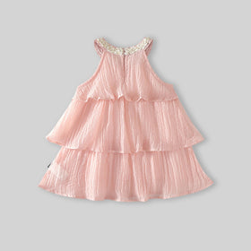 Girls Light Pink Sleeveless Layered Dress With Embellished Neckline Casual Dresses