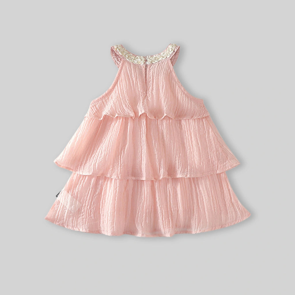 Girls Light Pink Sleeveless Layered Dress With Embellished Neckline Casual Dresses