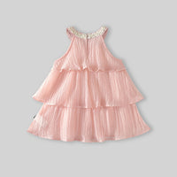 Girls Light Pink Sleeveless Layered Dress With Embellished Neckline Casual Dresses