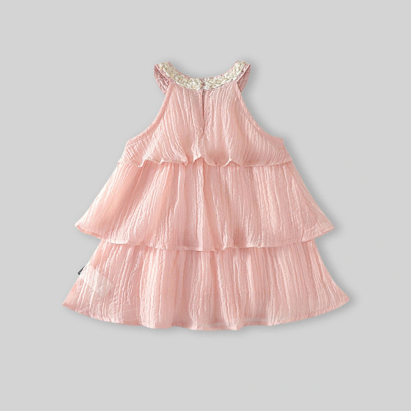 Girls Light Pink Sleeveless Layered Dress With Embellished Neckline Casual Dresses