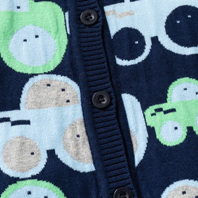 Boys Navy Blue Cardigan With Self-Design Car Patterns Sweaters & Cardigans