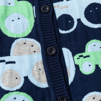 Boys Navy Blue Cardigan With Self-Design Car Patterns Sweaters & Cardigans