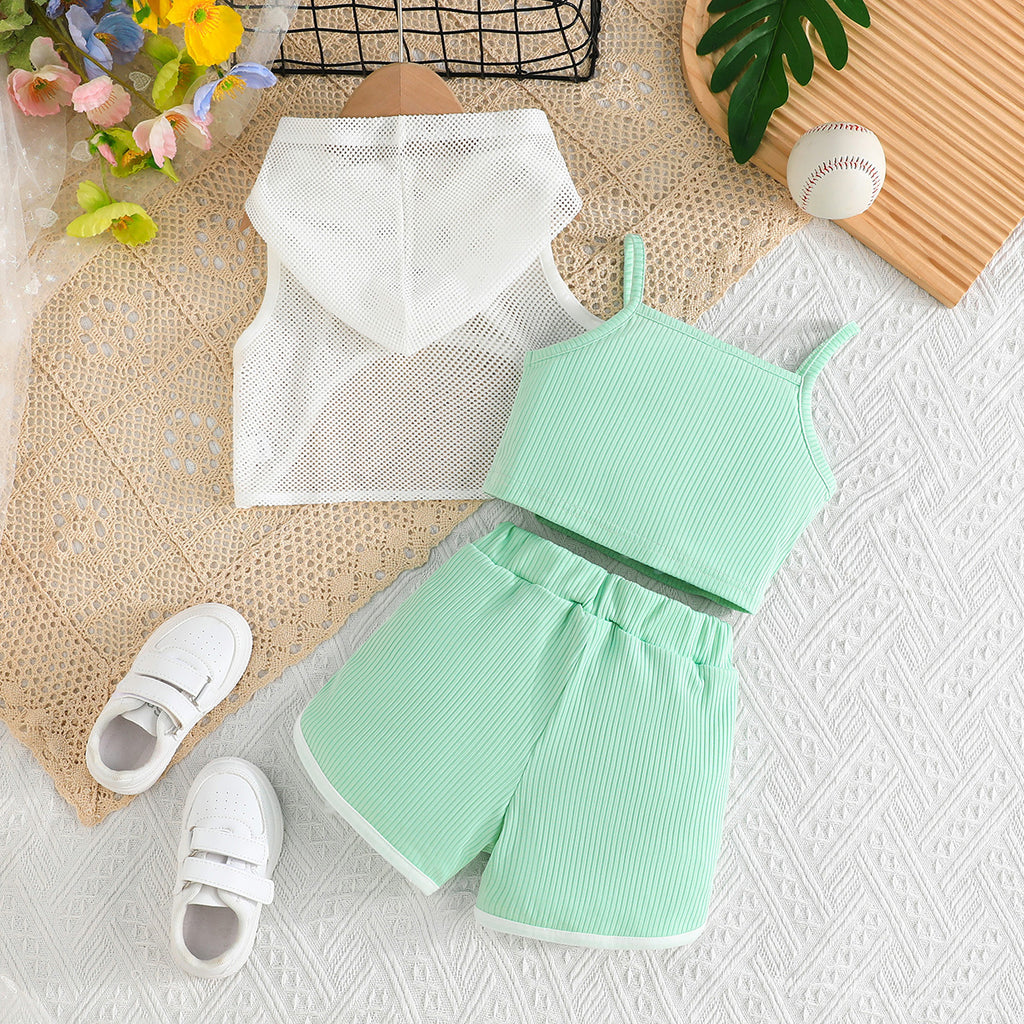 Girls Sea Green Typographic Printed Camisole Top With Tulle Top And Shorts Set 3 pc. Sets