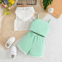 Girls Sea Green Typographic Printed Camisole Top With Tulle Top And Shorts Set 3 pc. Sets