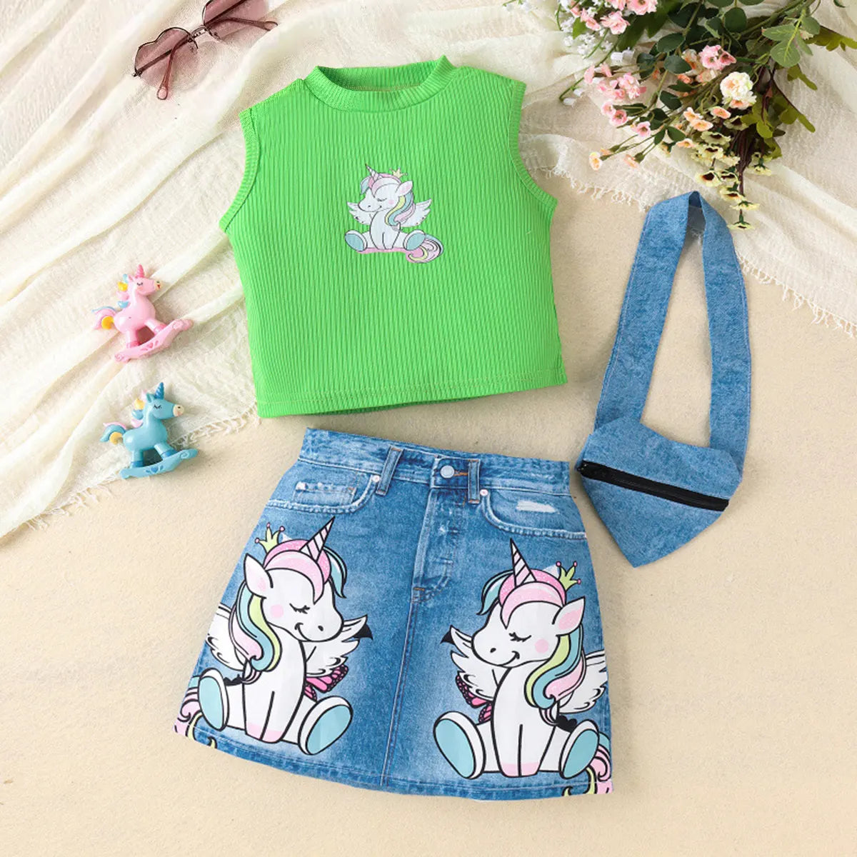 Girls Green Ribbed Sleeveless Top With Denim Skirt Sets 2 pc. Sets Green 3-4 Y