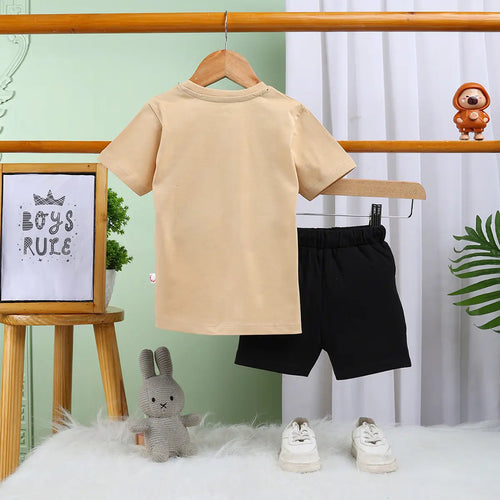 Boys Khaki Logo Print Short Sleeve T-Shirt With Drawstring Shorts Sets Sets