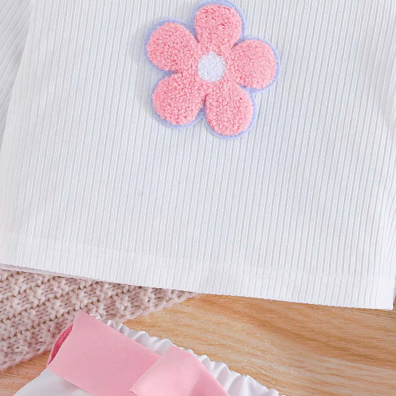 Girls Floral Applique Long Sleeve Top & Pink Skirt Sets Sets