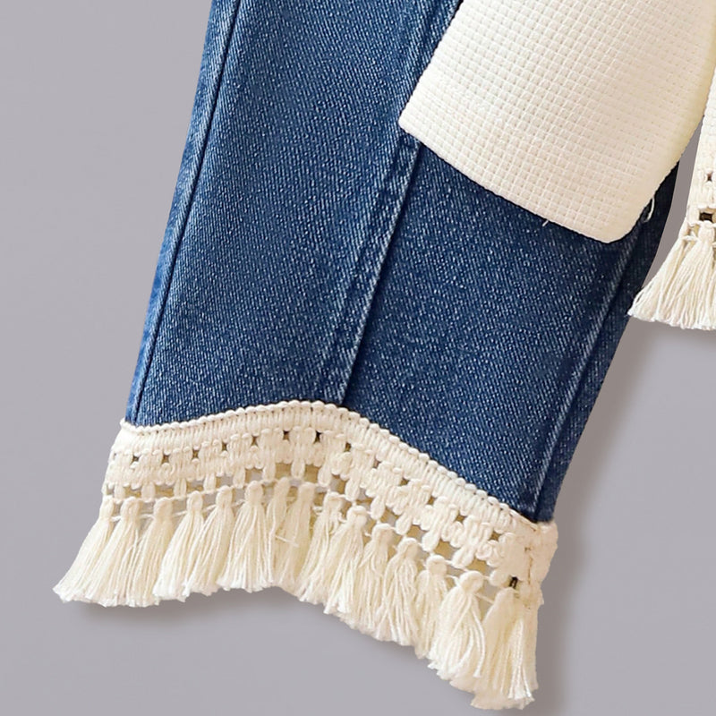 Girls Apricot Knitted Long Sleeves Top With Denim Pants Set 2 pc. Sets
